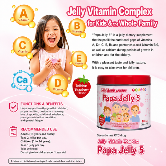 Papa Jelly 5 Strawberry Vitamin Jelly Tablets 120 Count A B6 C D2 E & Calcium Japan