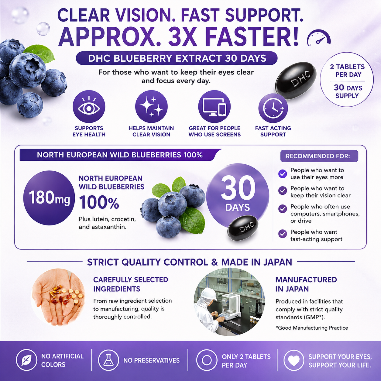 DHC Fast-Acting Blueberry – Eye Support Supplement with Bilberry, Lutein & Acai