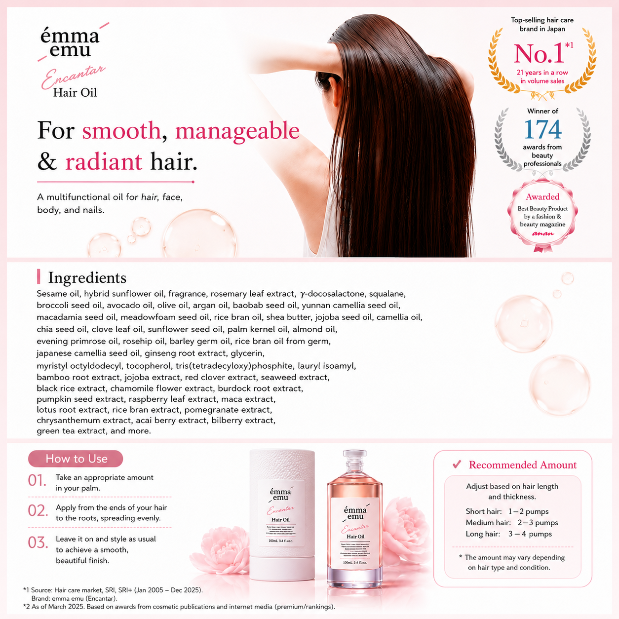 emma emu Encantar Hair Oil 100ml Multi Beauty Oil for Hair Body Nails Japan
