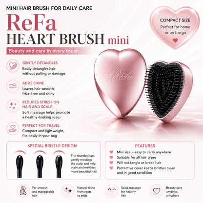 ReFa HEART BRUSH Mini Hair Brush with Protective Cover | Portable Scalp & Hair Care | Made in Japan