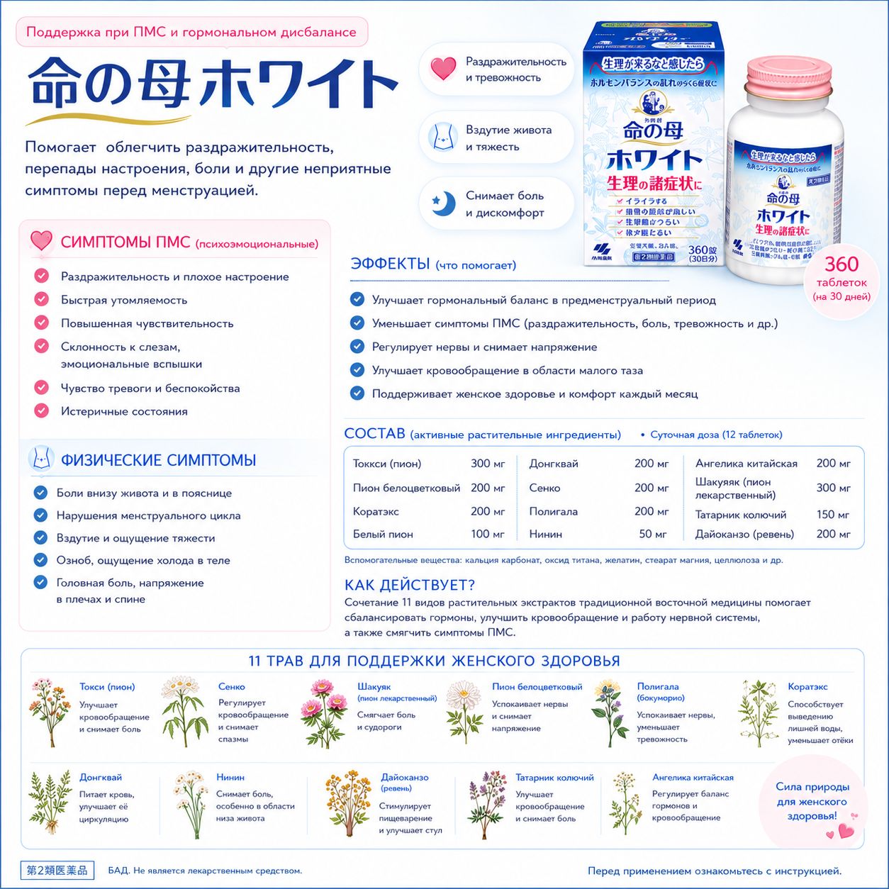 Kobayashi Inochi no Haha White 360 Tablets PMS & Menstrual Symptom Support 11 Herbal Ingredients Japan