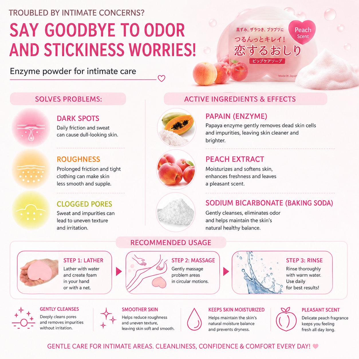 Pelican Peach Hip Care Soap (Koisuru Oshiri) Peach Scrub & Moisturizing Soap for Smooth Skin